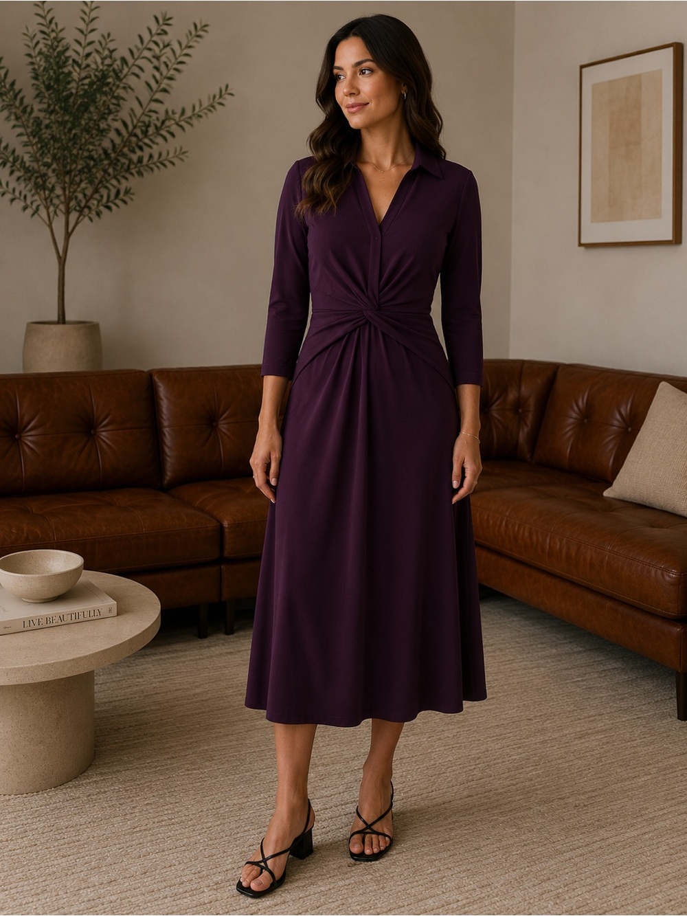 Tommy Hilfiger Twist-Waist Collared Midi Dress in Plum